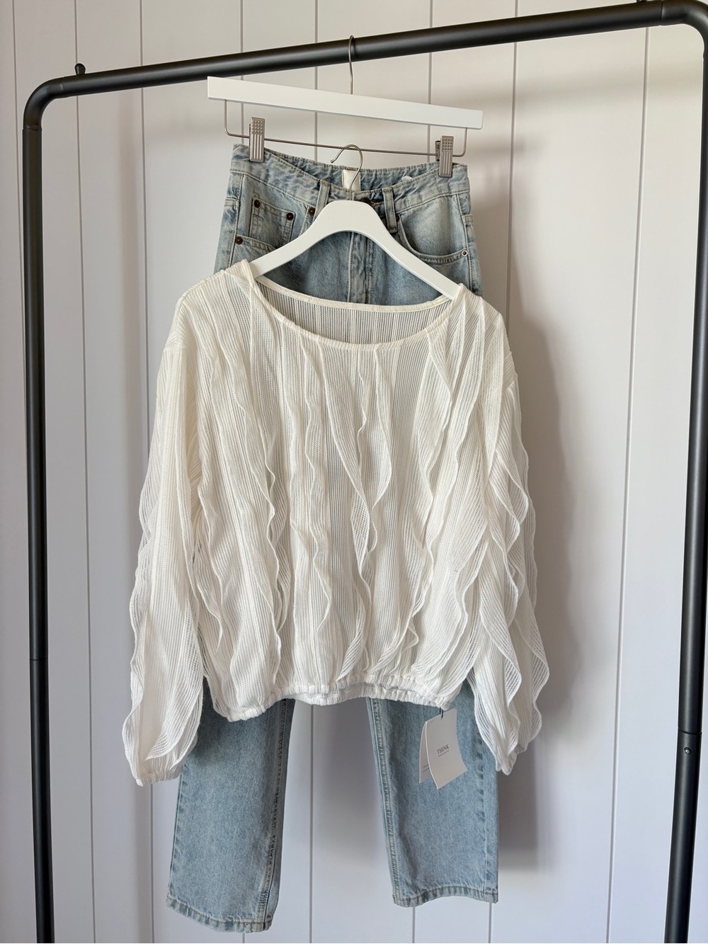 Think! White Lightweight Textured Long Sleeve Blouse